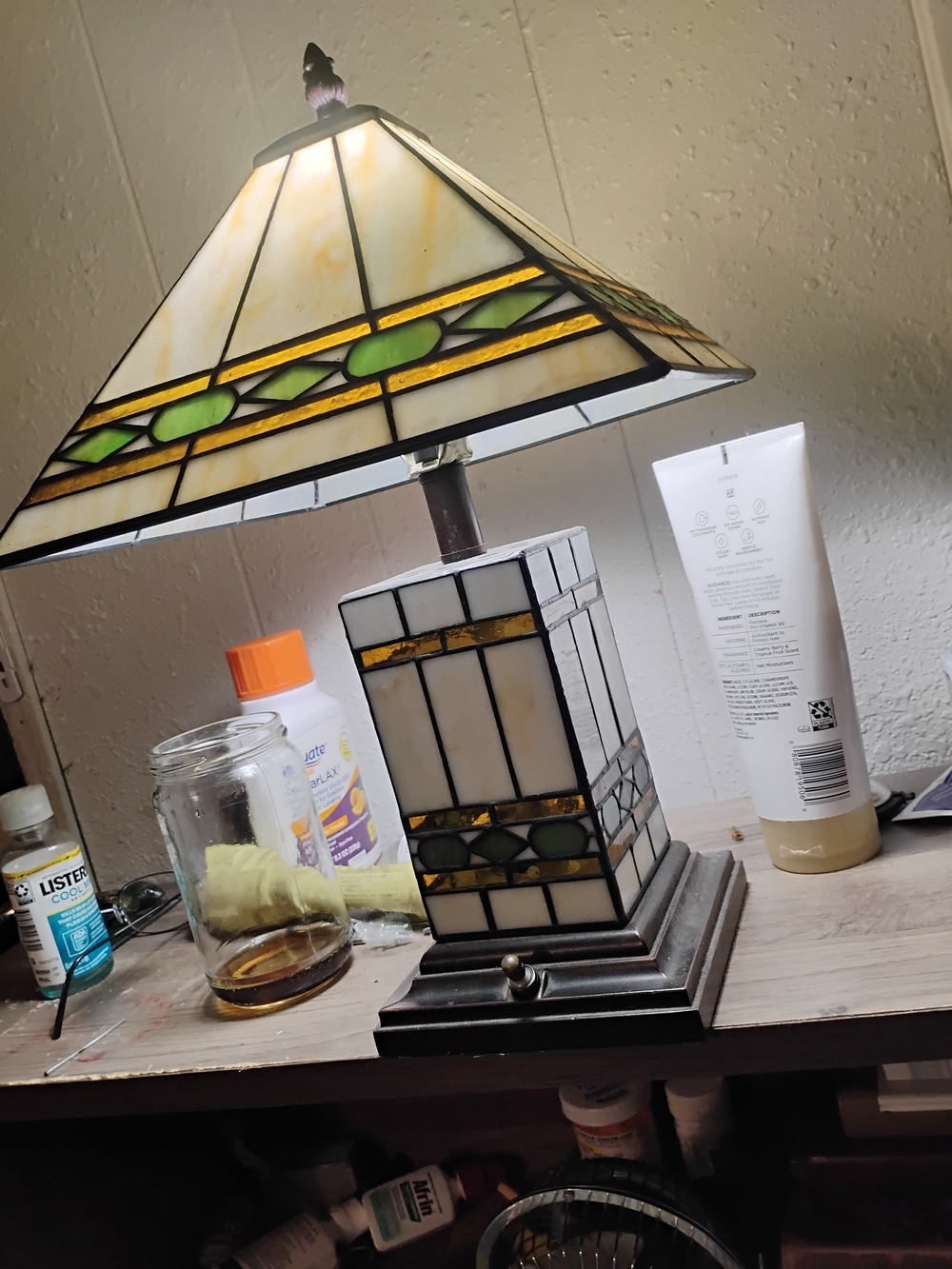Stained Glass Table Lamp in Cream and Green - Home Accents